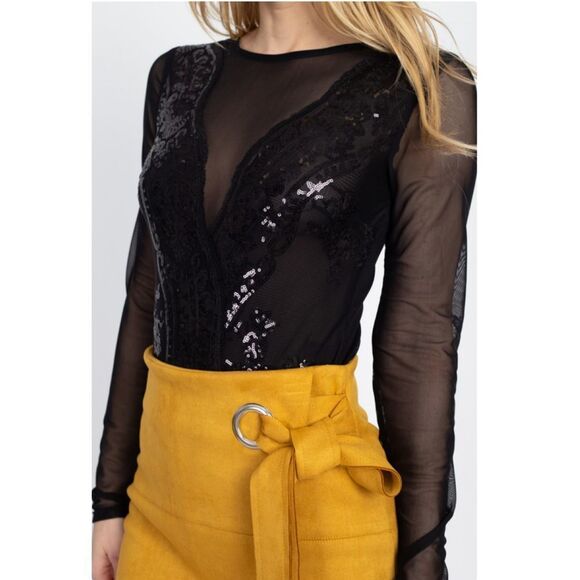 Black Sequin Sheer Bodysuit - Picture 2 of 5